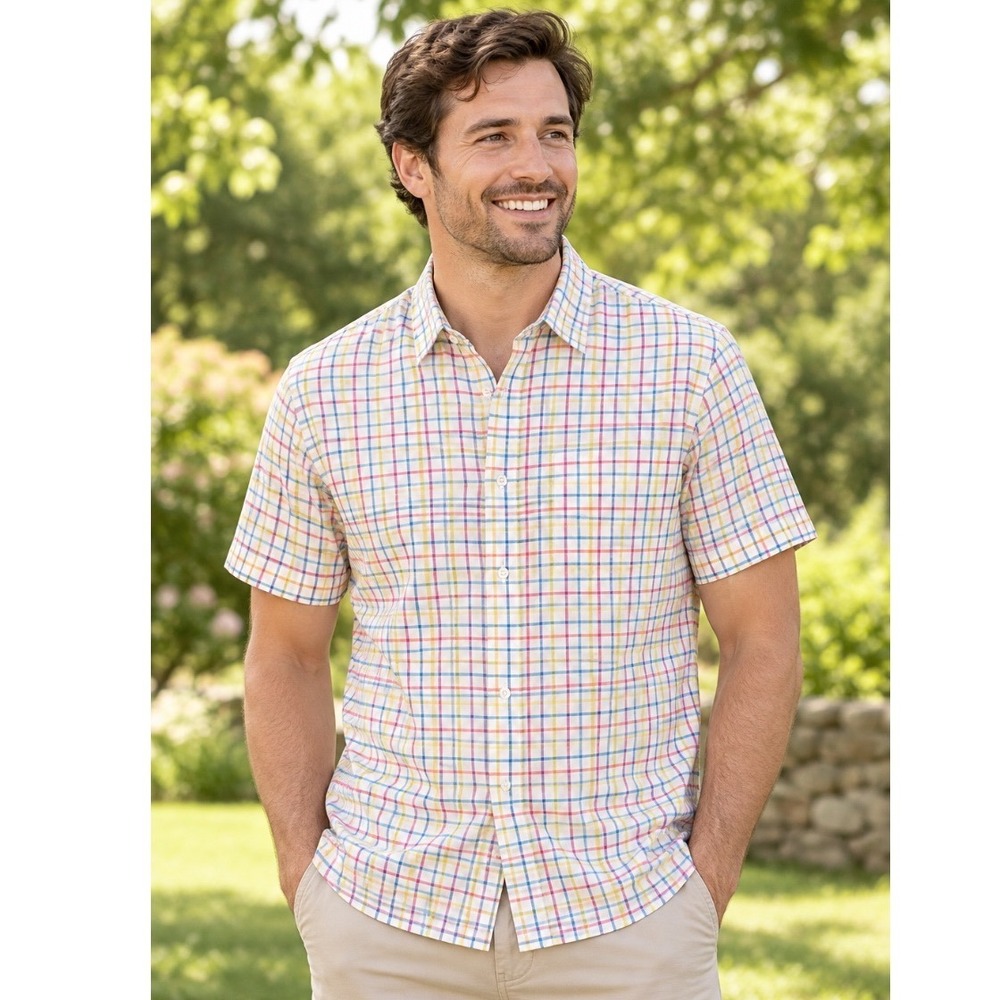 Brooks Brothers 346 Mens XL Linen Short Sleeve Button Down Tattersall Shirt